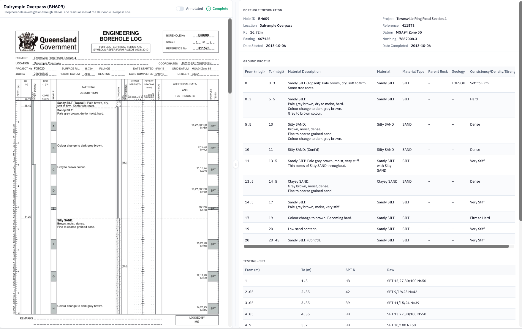BoreholeAI demo — PDF viewer with extracted data table